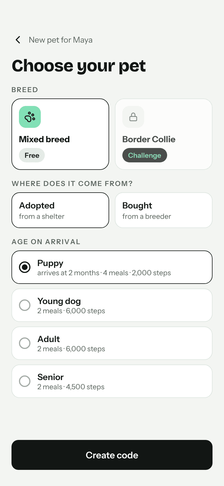 Parents choose the pet: breed, origin (adopted or from a breeder) and age on arrival.