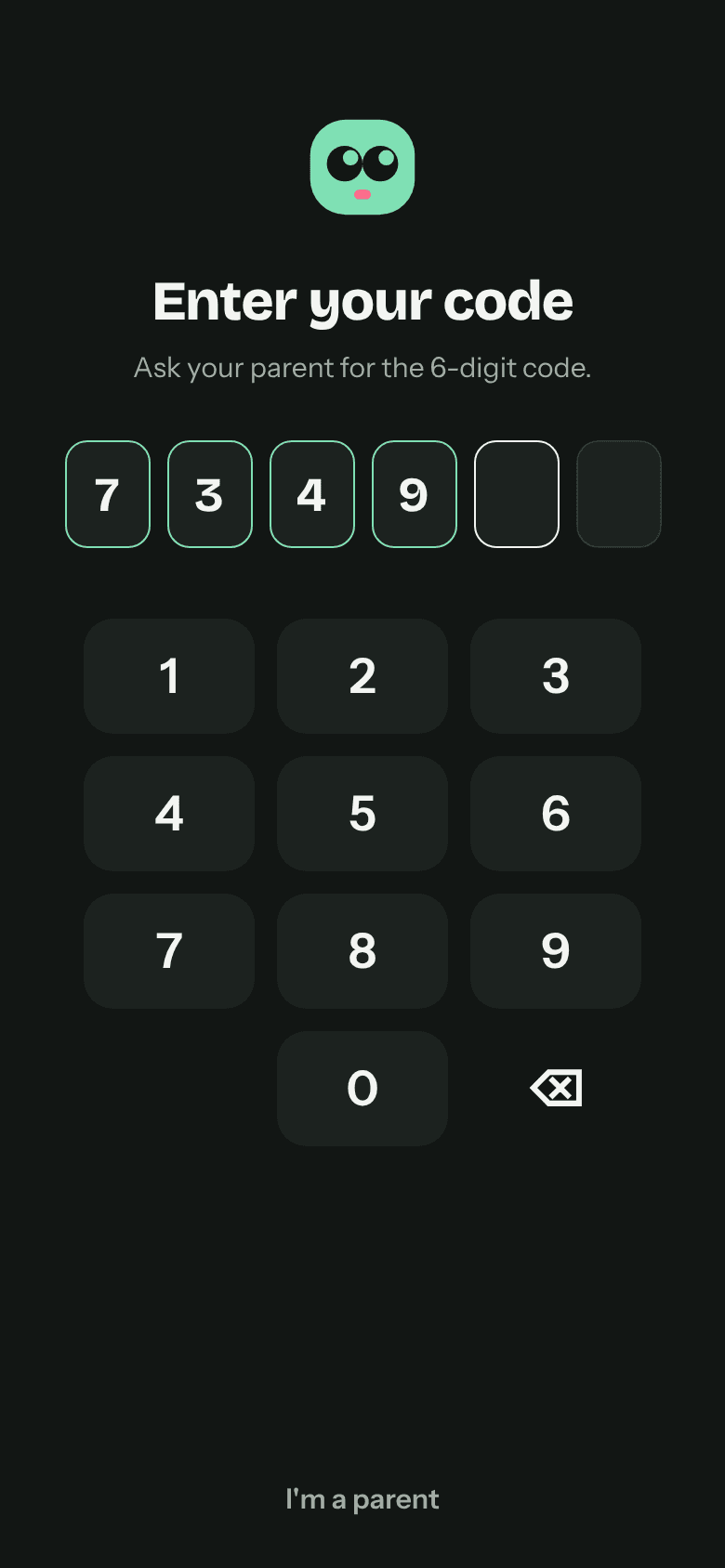 Child login with a 6-digit code from the parent — no email, no password.