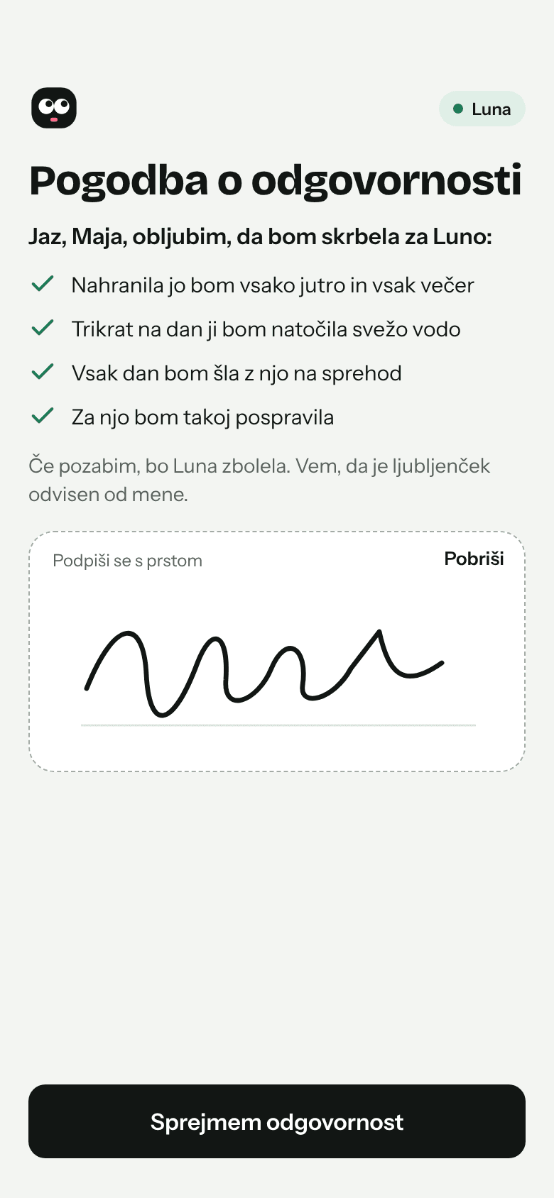 Pogodba o odgovornosti, podpisana s prstom. Ob podpisu se ljubljenček rodi.