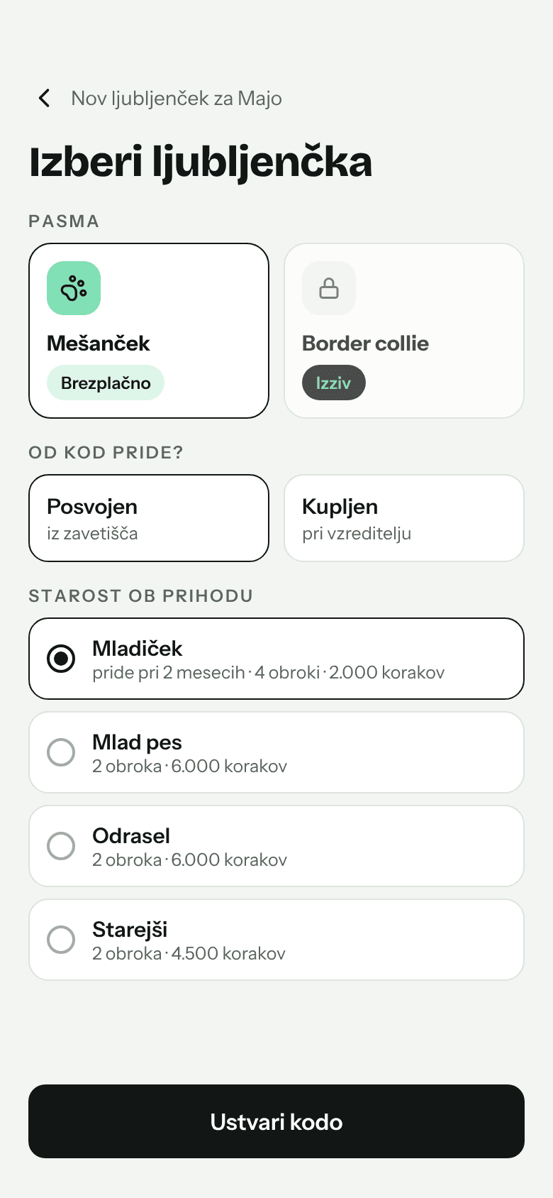 Starši izberejo ljubljenčka: pasmo, izvor (posvojen ali od vzreditelja) in starost ob prihodu.