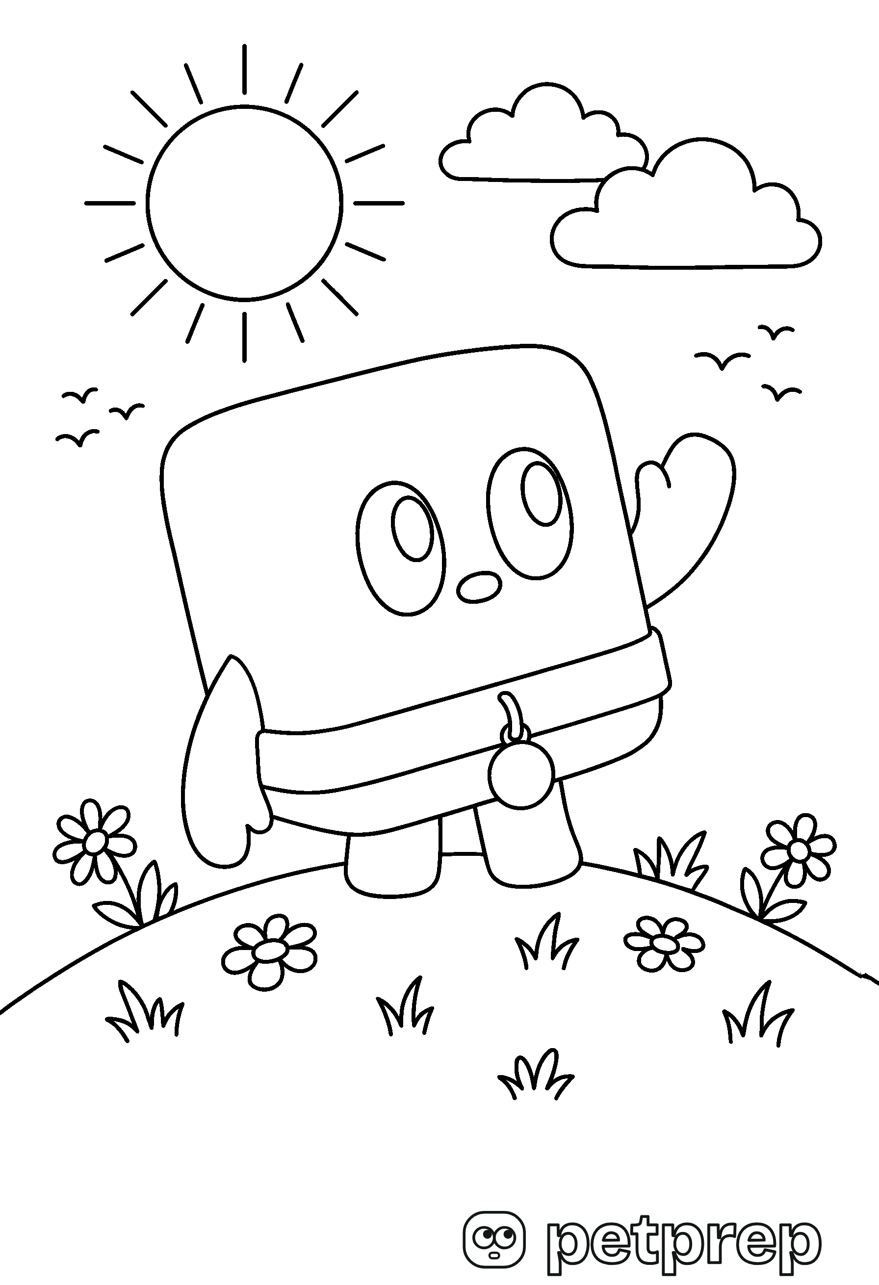 Colouring page: Curio, the PetPrep mascot, waving on a hill with flowers, the sun and clouds.