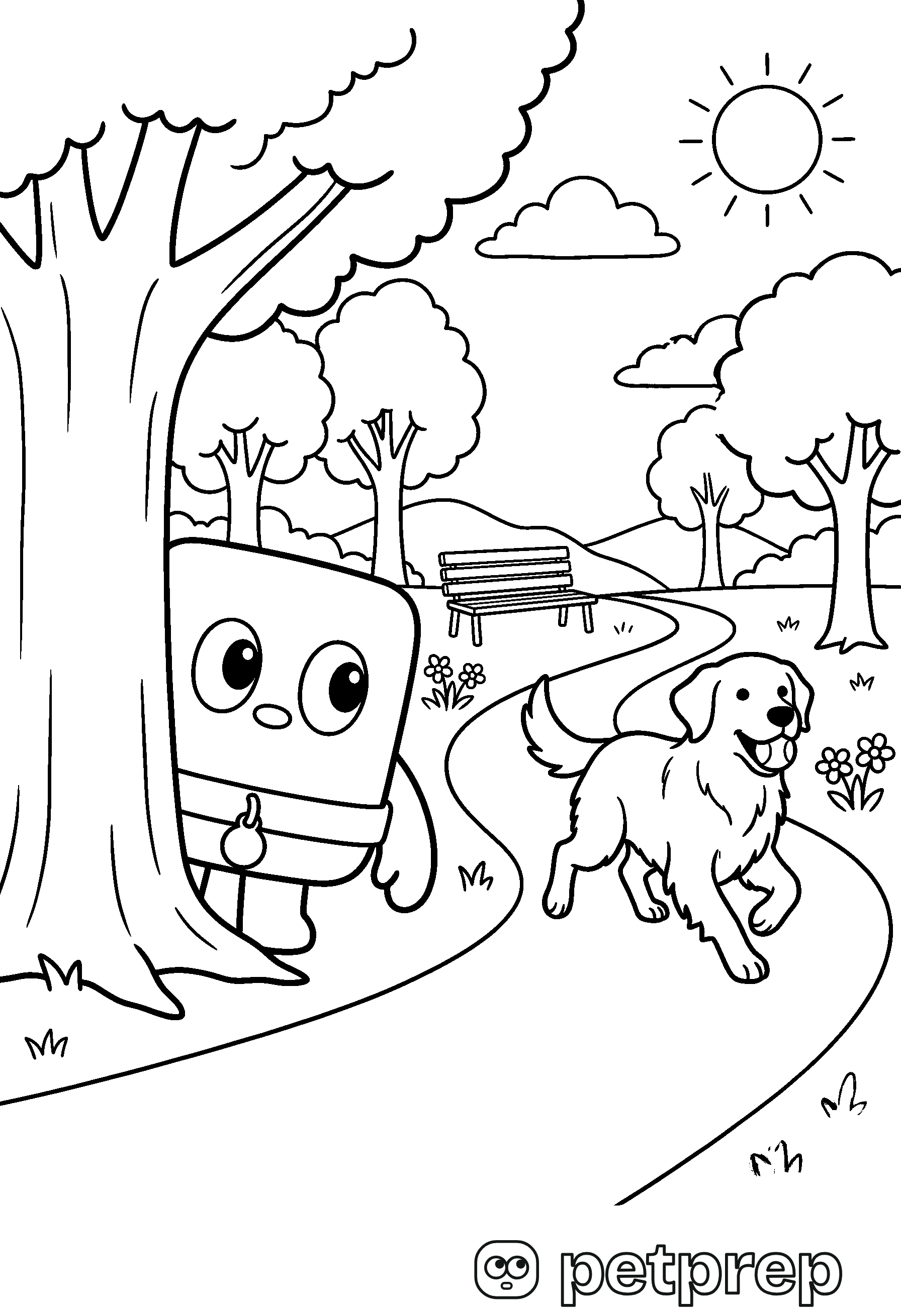 Colouring page: Curio peeking from behind a tree while a golden retriever runs along a park path.