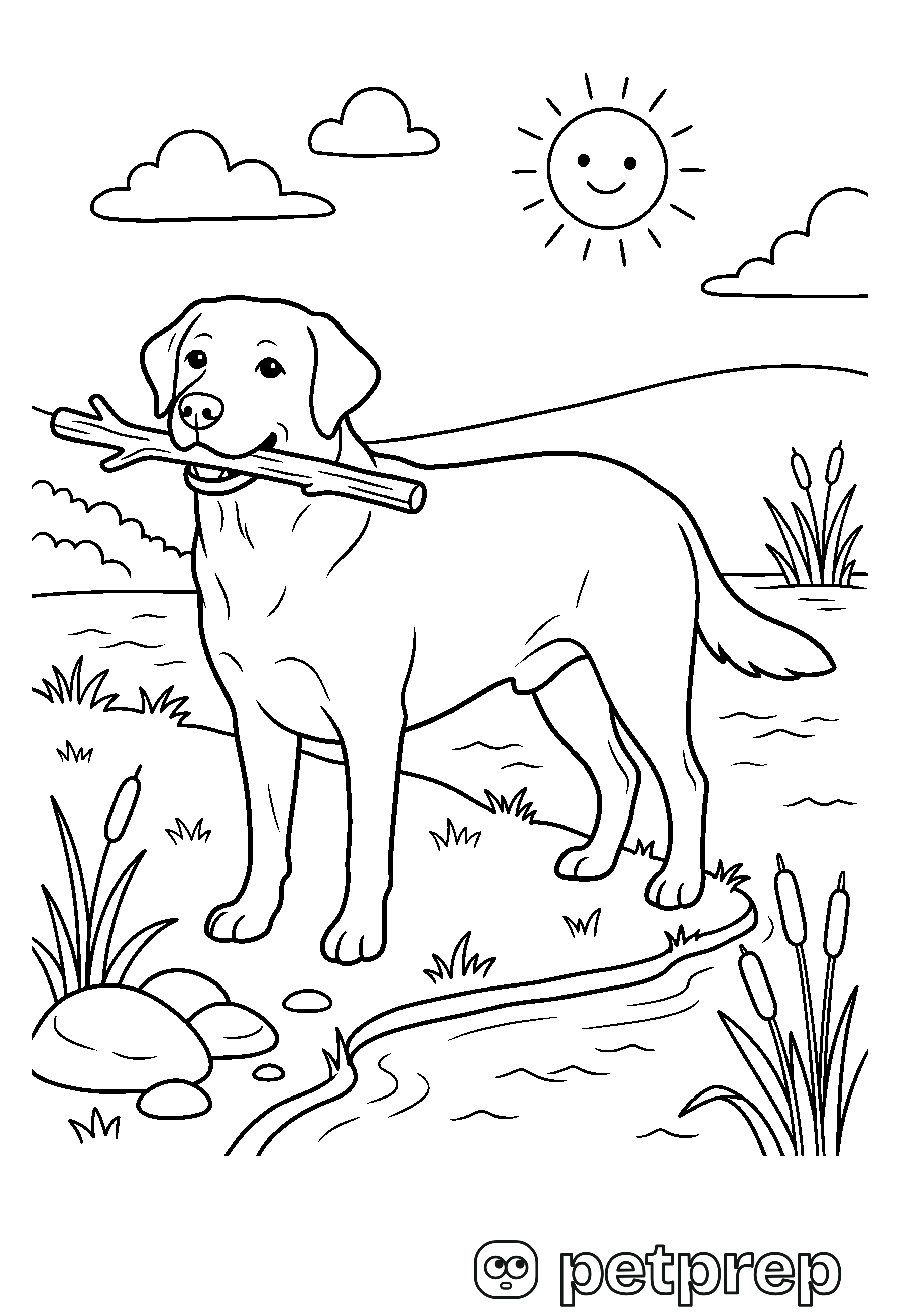 Colouring page: a labrador retriever with a stick in its mouth at the edge of a lake.