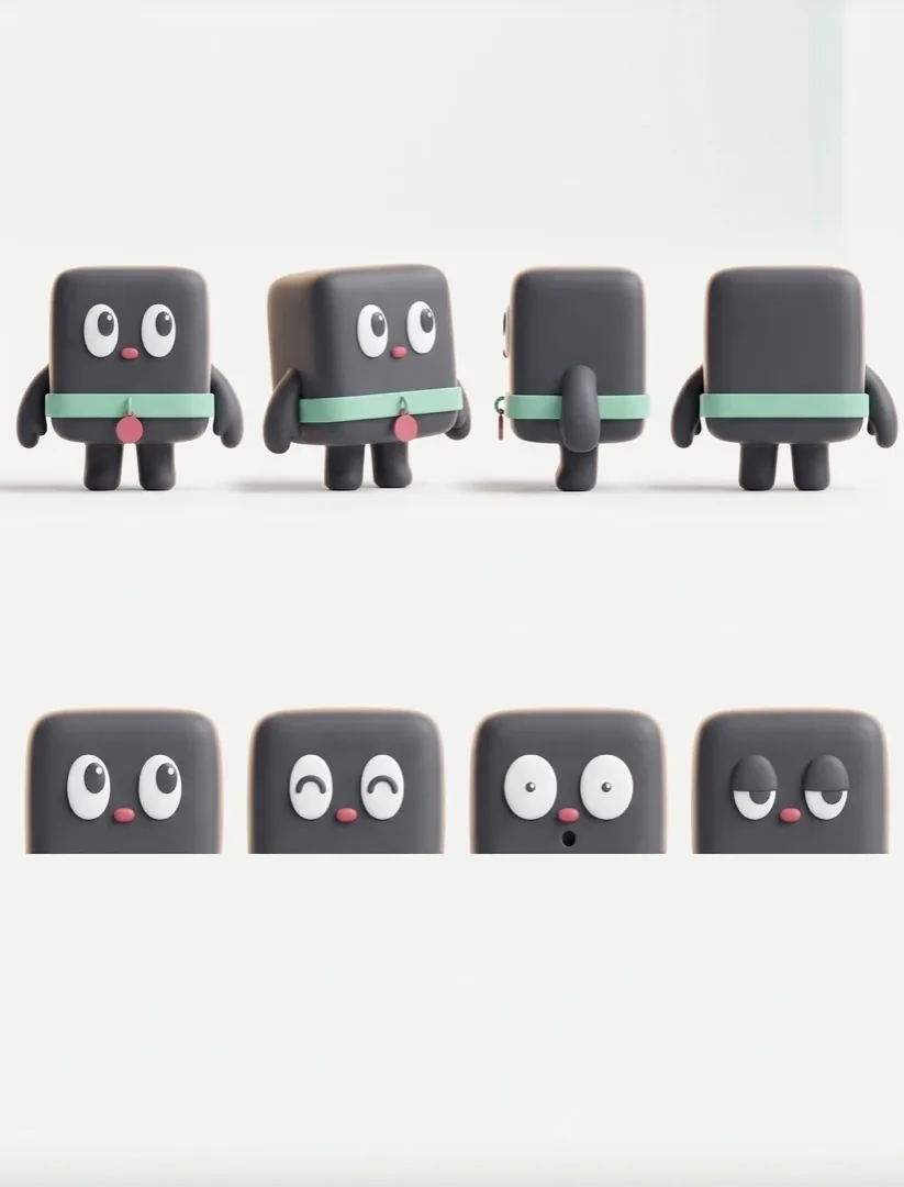 Curio from the front, side and back, with four eye expressions.