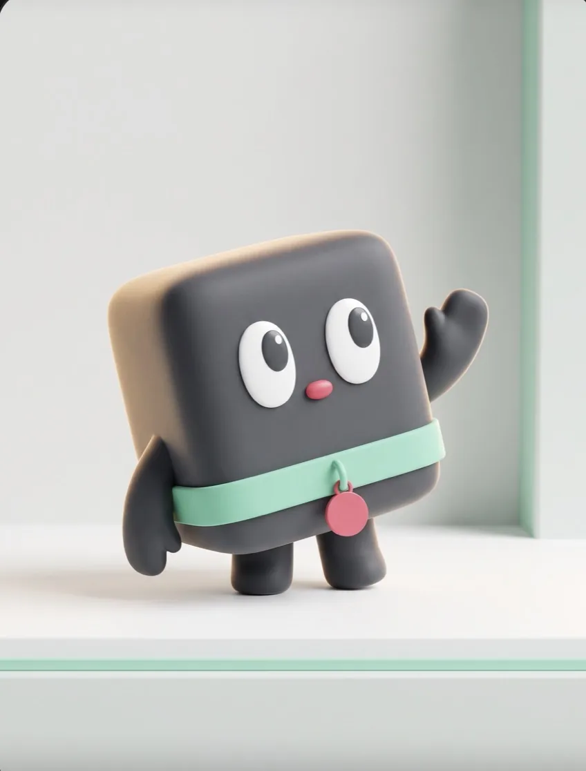 Curio standing on a white shelf, waving.