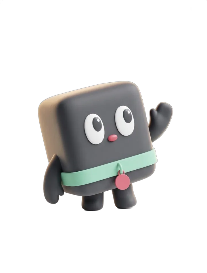 Curio, the PetPrep mascot: a soft graphite cube with big white eyes, a small raspberry nose and a mint collar, waving.