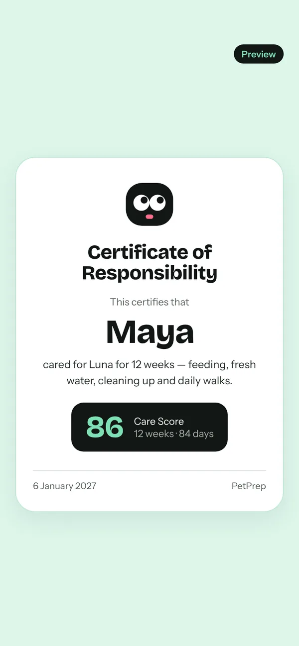 After 12 weeks: the Certificate of Responsibility with the child's Care Score.