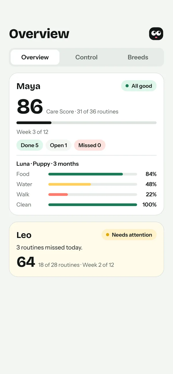 The parent dashboard: a traffic light, Care Score and today's routines for every child.