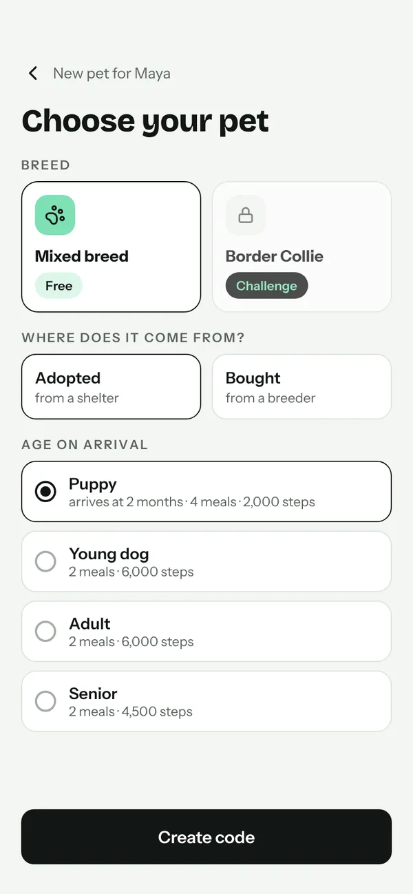 Parents choose the pet: breed, origin (adopted or from a breeder) and age on arrival.